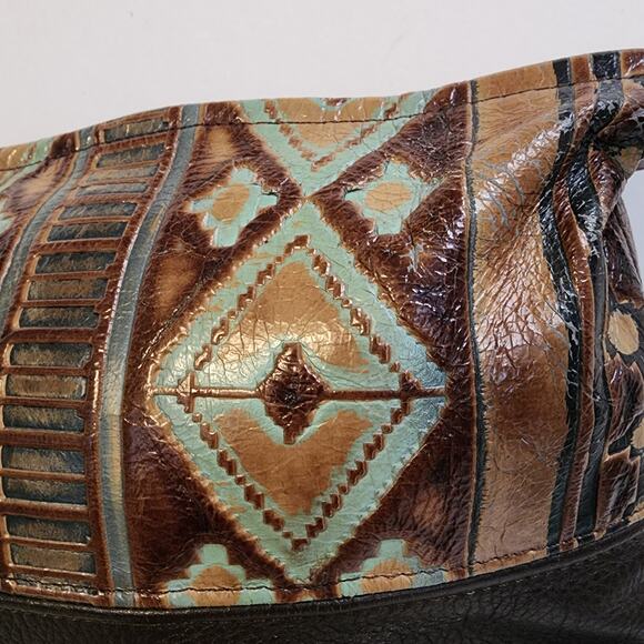 Bamzi Bags Leather Shoulder Bag Southwest Geometric Brown Turquoise Boho 12x7 - Picture 7 of 14